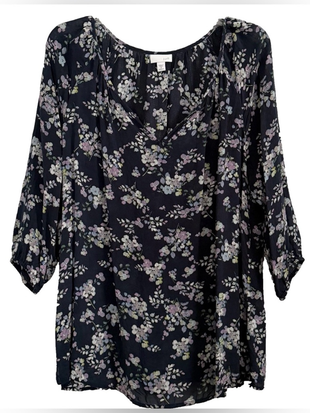 J. Jill Floral V-Neck Tunic Blouse 1X Navy Blue Semi Sheer Boho Peasant Top